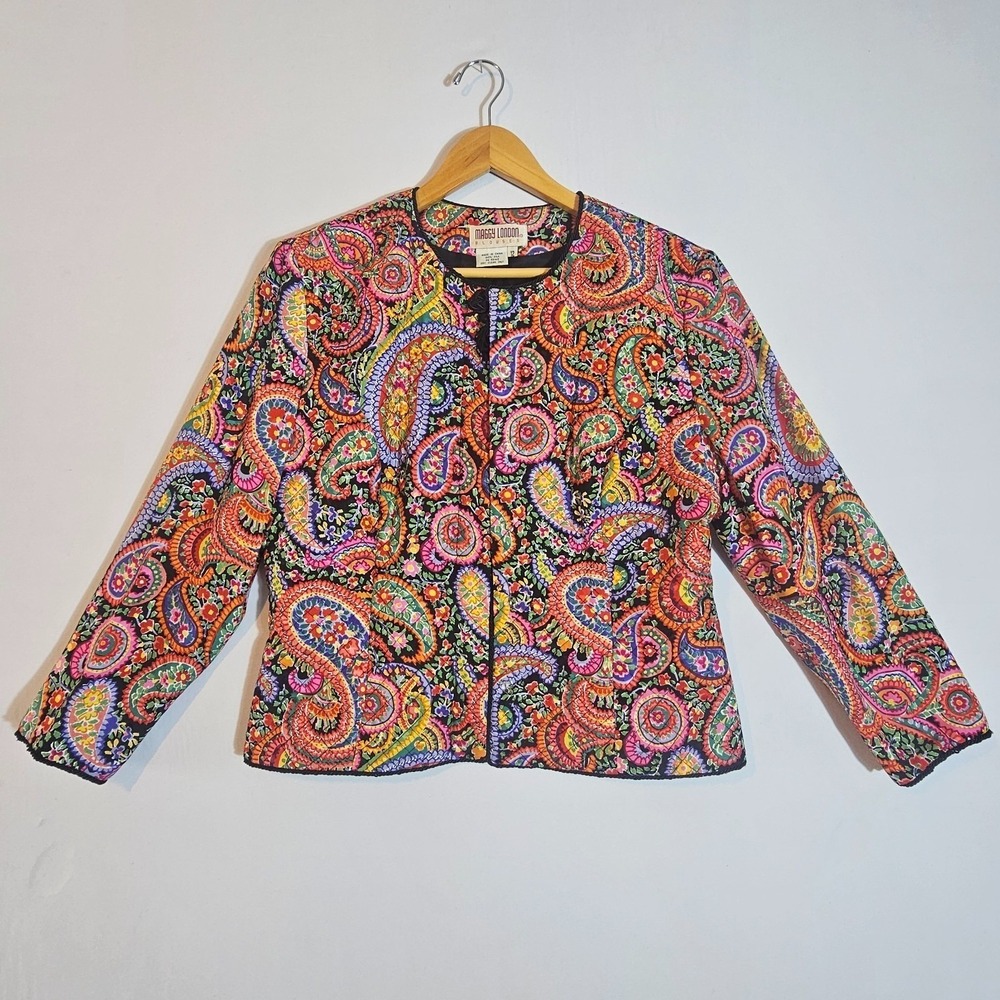 VTG Maggy London Quilted Jacket Womens 12 Multicolor Paisley Silk Button Front